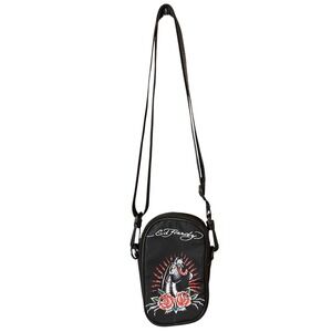 Ed Hardy Black Nylon Crossbody Bag Panther Rose Tattoo Graphic Tech Phone Pouch